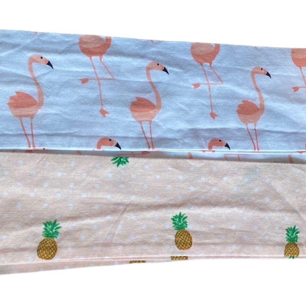 Tropical long thin white scarf with pink flamingos, also peach with pineapples